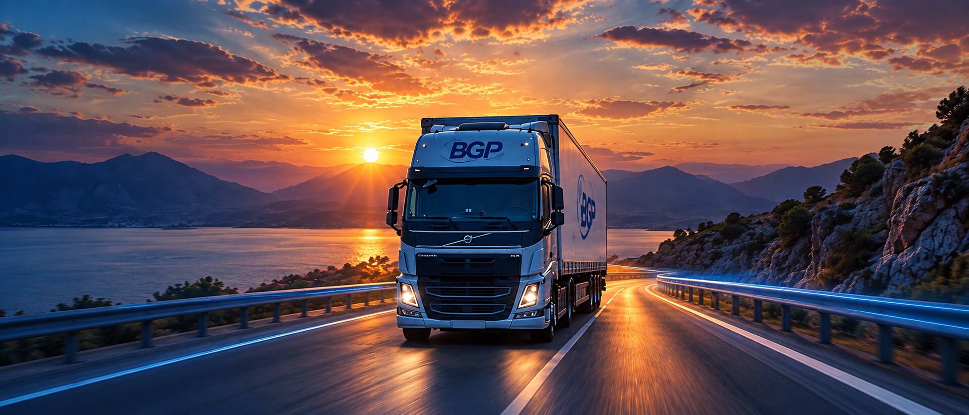 Camión de BGP Global Logistics en carretera al amanecer